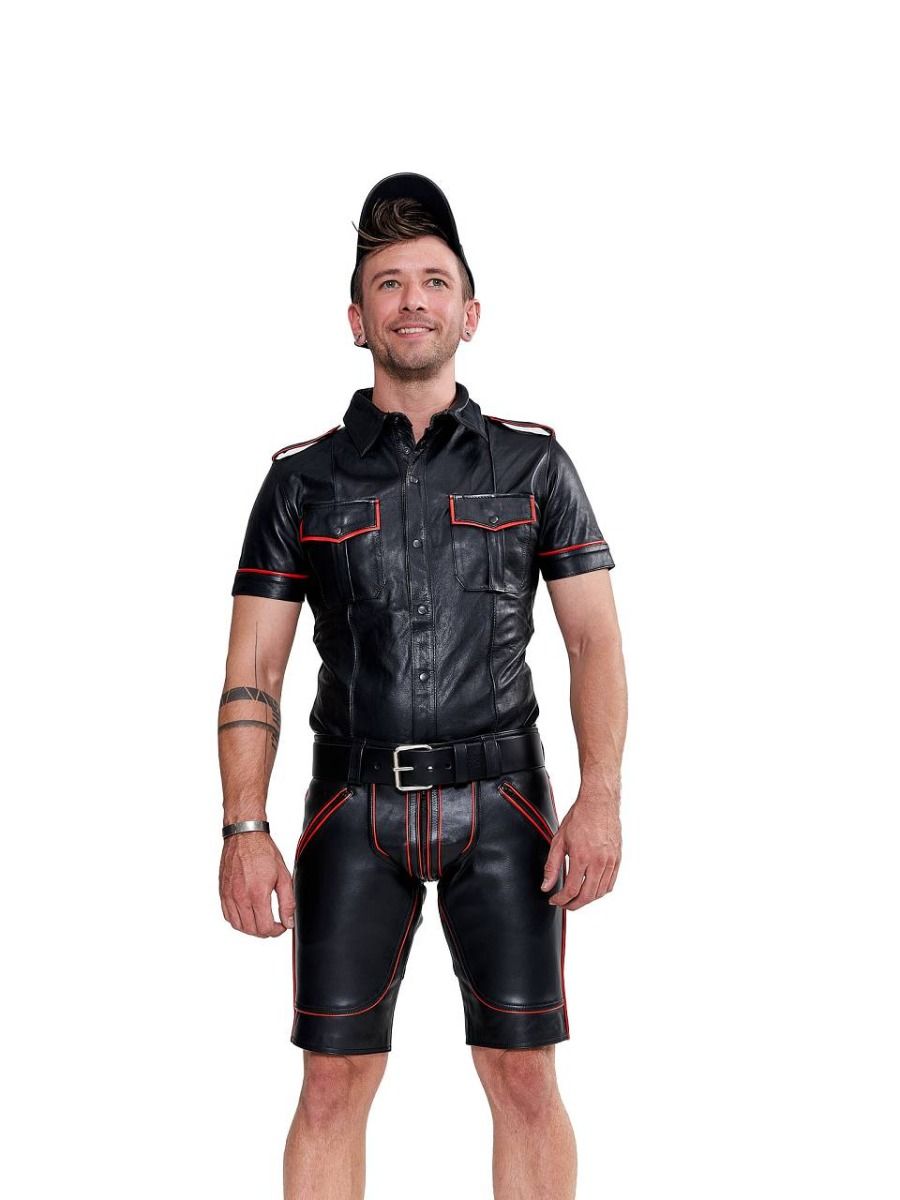  Mister B Leather Police Shirt Short Sleeves Red Piping 